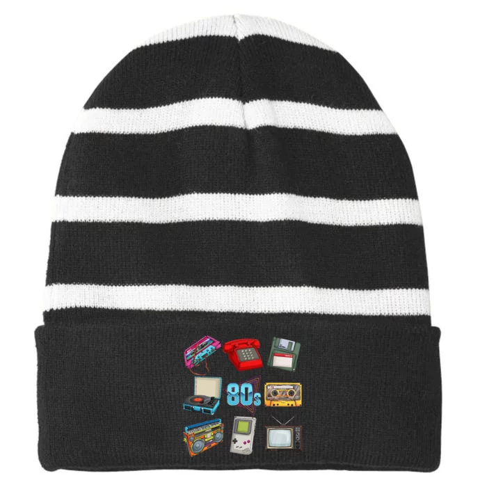 80s Throwback Retro Vintage Funny Party Cassette Tapes Striped Beanie with Solid Band