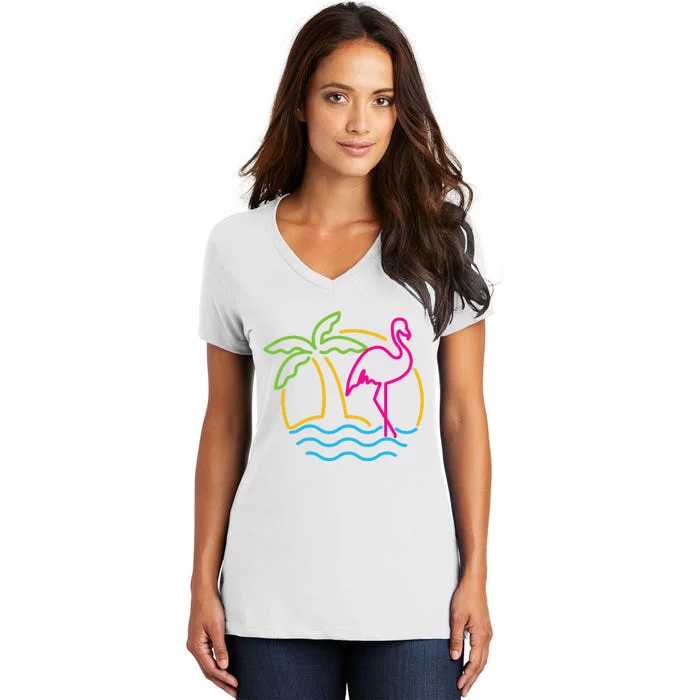 80s Vintage Miami Retro Neon Pink Flamingo Women's V-Neck T-Shirt