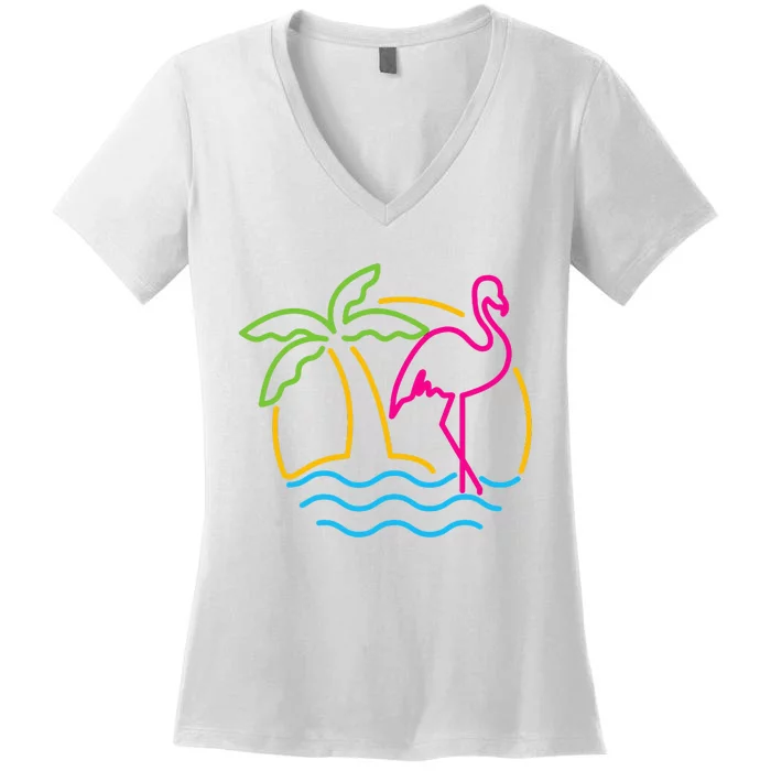 80s Vintage Miami Retro Neon Pink Flamingo Women's V-Neck T-Shirt