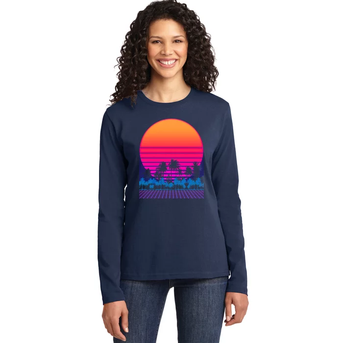 80s Vaporwave Retro Palm Trees Sunset Ladies Long Sleeve Shirt