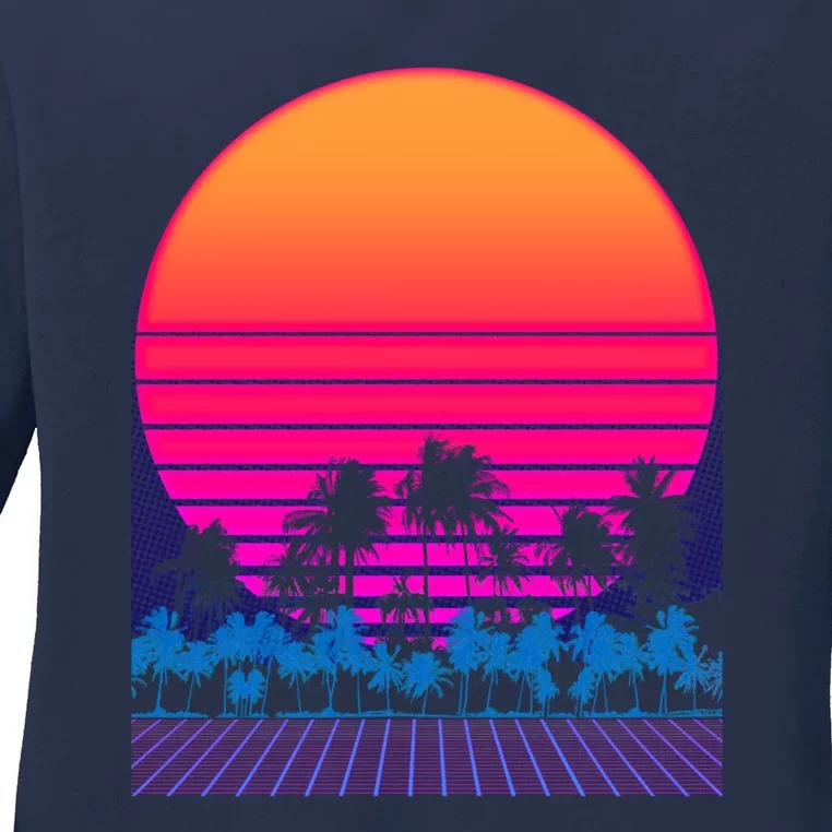 80s Vaporwave Retro Palm Trees Sunset Ladies Long Sleeve Shirt