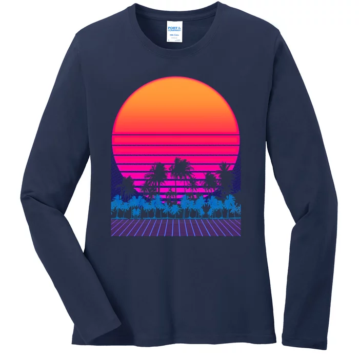 80s Vaporwave Retro Palm Trees Sunset Ladies Long Sleeve Shirt