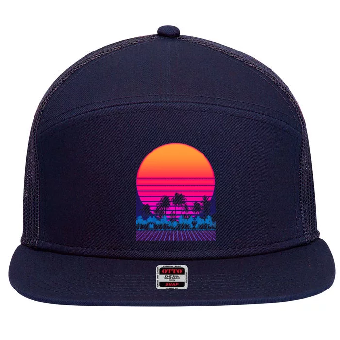 80s Vaporwave Retro Palm Trees Sunset 7 Panel Mesh Trucker Snapback Hat