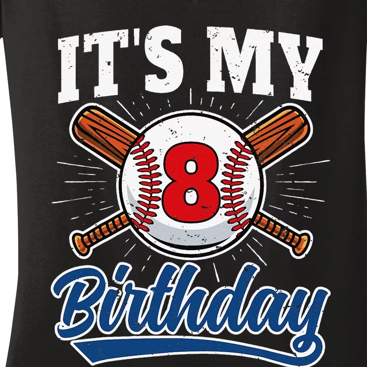 8 Years Old Baseball Player 8th Birthday Party Women's V-Neck T-Shirt