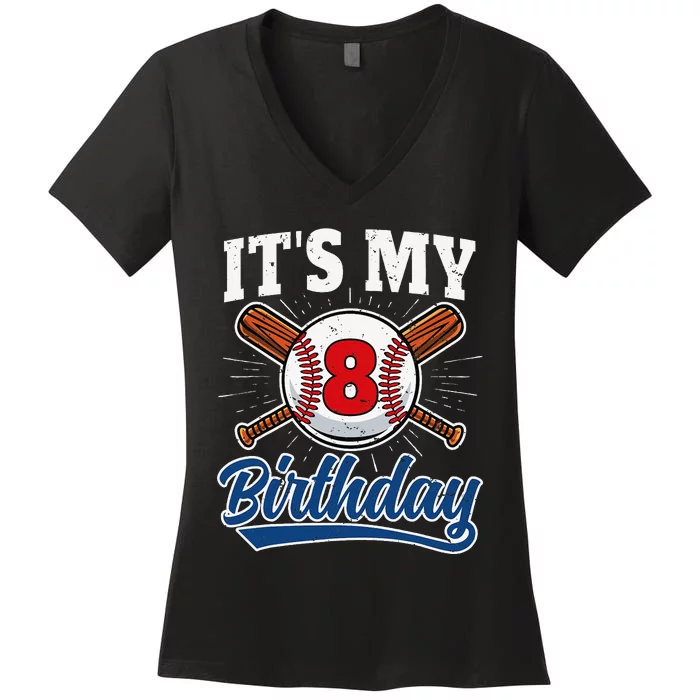 8 Years Old Baseball Player 8th Birthday Party Women's V-Neck T-Shirt