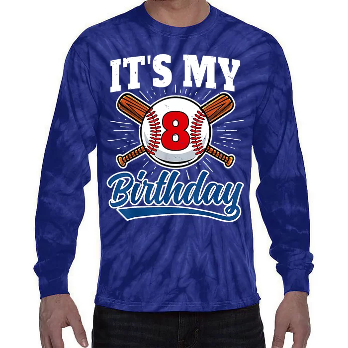 8 Years Old Baseball Player 8th Birthday Party Tie-Dye Long Sleeve Shirt