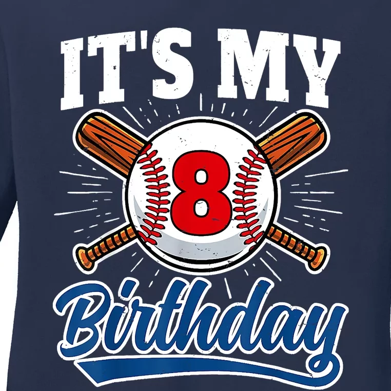 8 Years Old Baseball Player 8th Birthday Party Ladies Long Sleeve Shirt