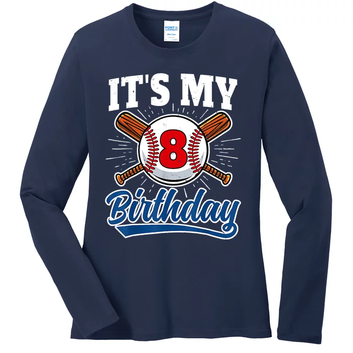 8 Years Old Baseball Player 8th Birthday Party Ladies Long Sleeve Shirt