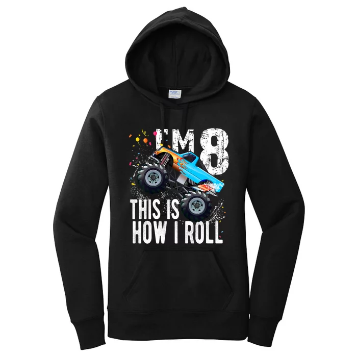 8 Year Old Gift Cool 8th Birthday Boy Gift For Monster Truck Car Lovers Women's Pullover Hoodie