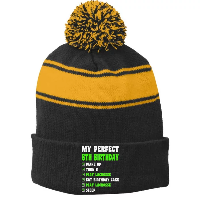 8 Year Old Perfect 8th Birthday Lacrosse 8th Birthday Stripe Pom Pom Beanie