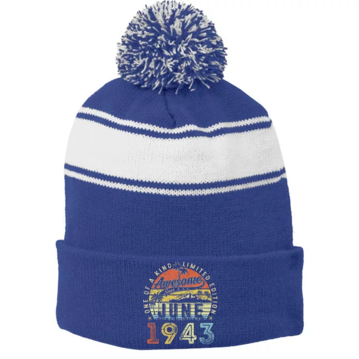 80 Year Old Awesome Since June 1943 80th Birthday Stripe Pom Pom Beanie