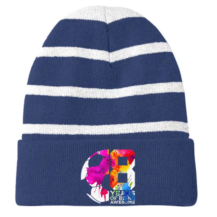 8 Years Of Being Awesome Soccer 8th Birthday Striped Beanie with Solid Band