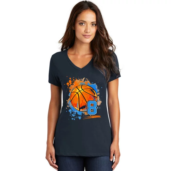 8 Years Old 8th Birthday Basketball Women's V-Neck T-Shirt