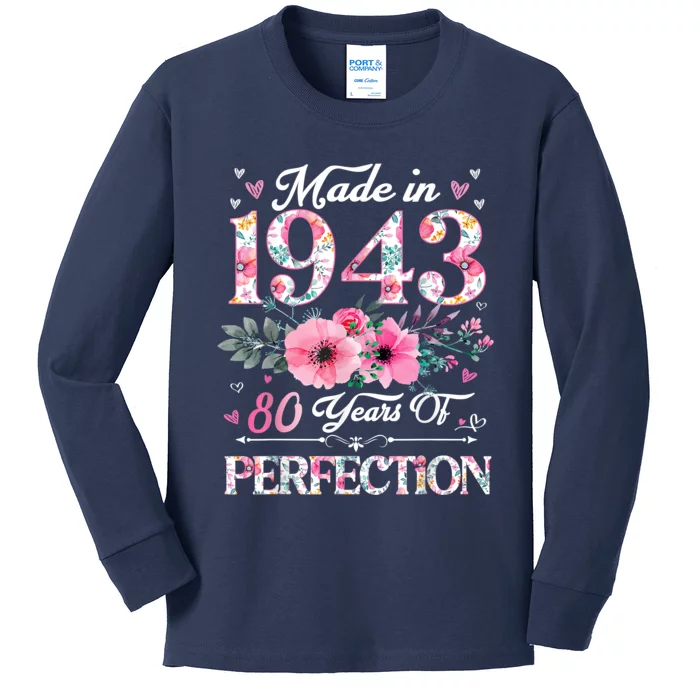 80 Year Old Made In 1943 Floral 80th Birthday Gifts Kids Long Sleeve Shirt