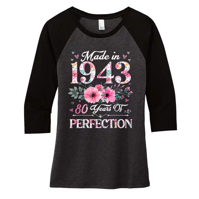 80 Year Old Made In 1943 Floral 80th Birthday Gifts Wo Women's Tri-Blend 3/4-Sleeve Raglan Shirt