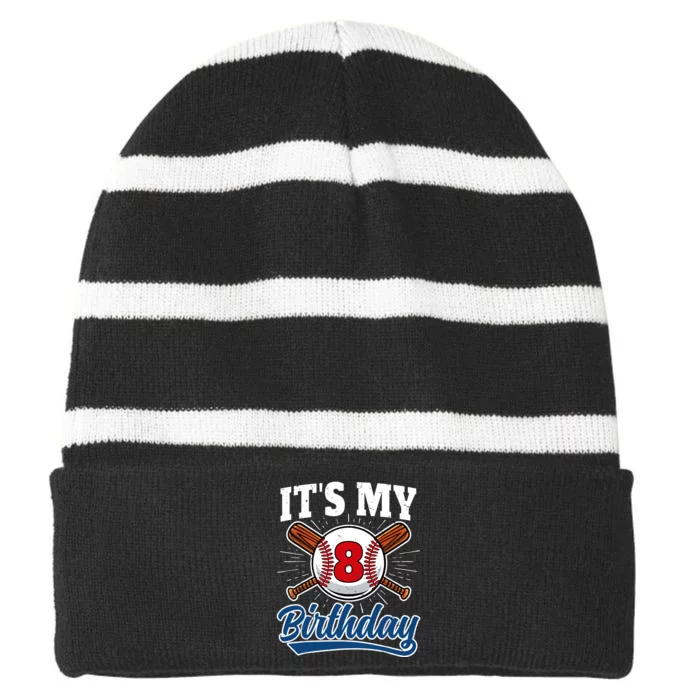 8 Years Old Baseball Player 8th Birthday Party Striped Beanie with Solid Band