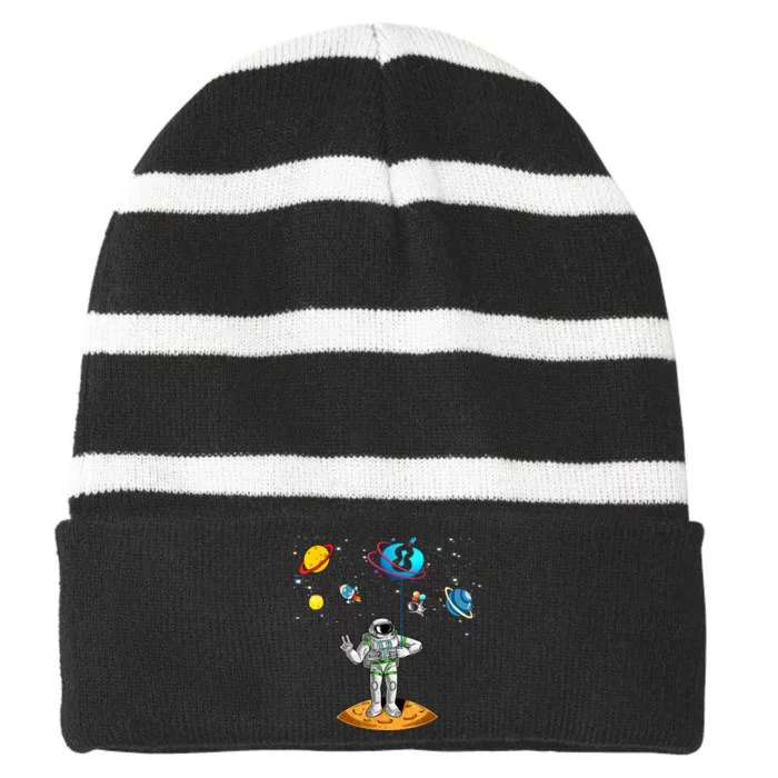 8 Years Old Birthday Boy 8th Space Planets Astronaut Gift Striped Beanie with Solid Band