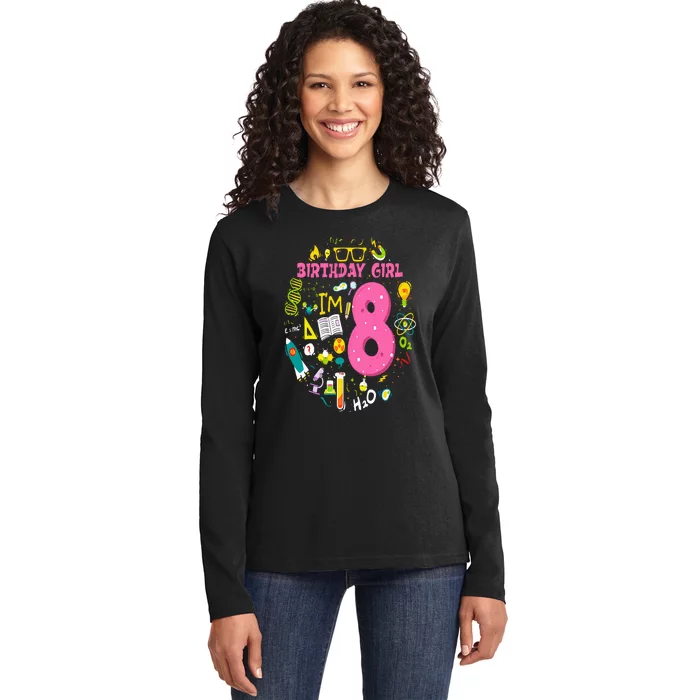 8 Year Old Girl Scientist 8th Birthday Science Ladies Long Sleeve Shirt