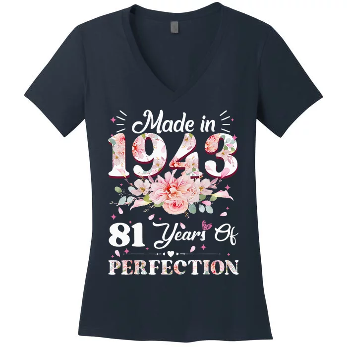 81 Year Old Made In 1943 Floral 81st Birthday Gifts Women's V-Neck T-Shirt