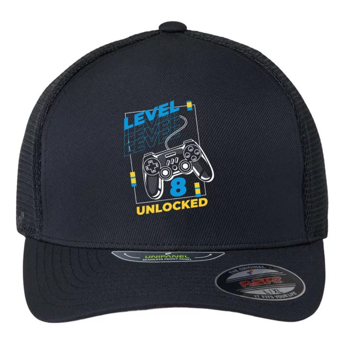 8 Year Old Gamer Gaming 8th Birthday Level 8 Unlocked Flexfit Unipanel Trucker Cap