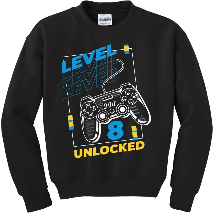 8 Year Old Gamer Gaming 8th Birthday Level 8 Unlocked Kids Sweatshirt