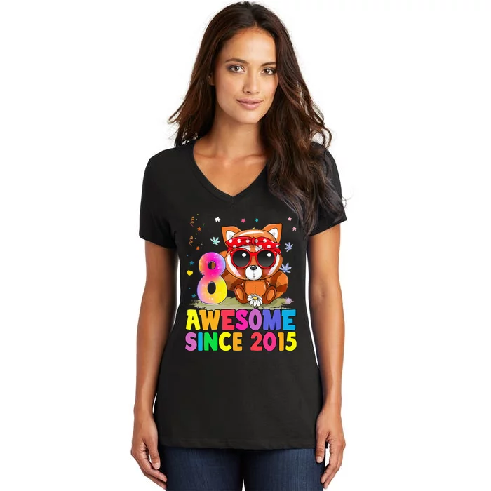 8 Years Old 8th Birthday Red Panda Awesome Since 2015 Women's V-Neck T-Shirt