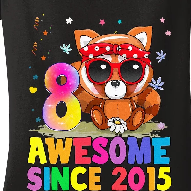 8 Years Old 8th Birthday Red Panda Awesome Since 2015 Women's V-Neck T-Shirt