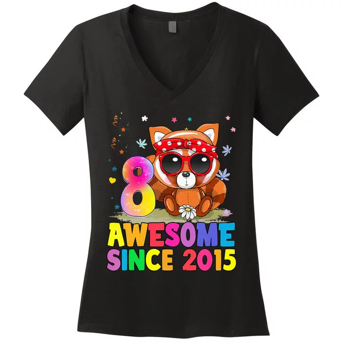 8 Years Old 8th Birthday Red Panda Awesome Since 2015 Women's V-Neck T-Shirt