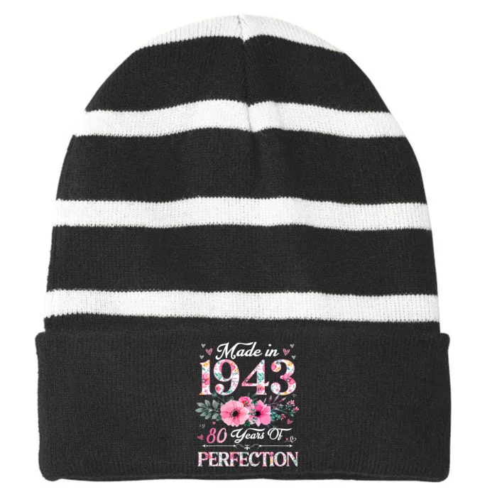 80 Years Old Made In 1943 Floral 80th Birthday Gifts Striped Beanie with Solid Band