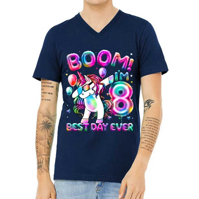 8 Years Old Dabbing Unicorn Gifts 8th Birthday Party V-Neck T-Shirt