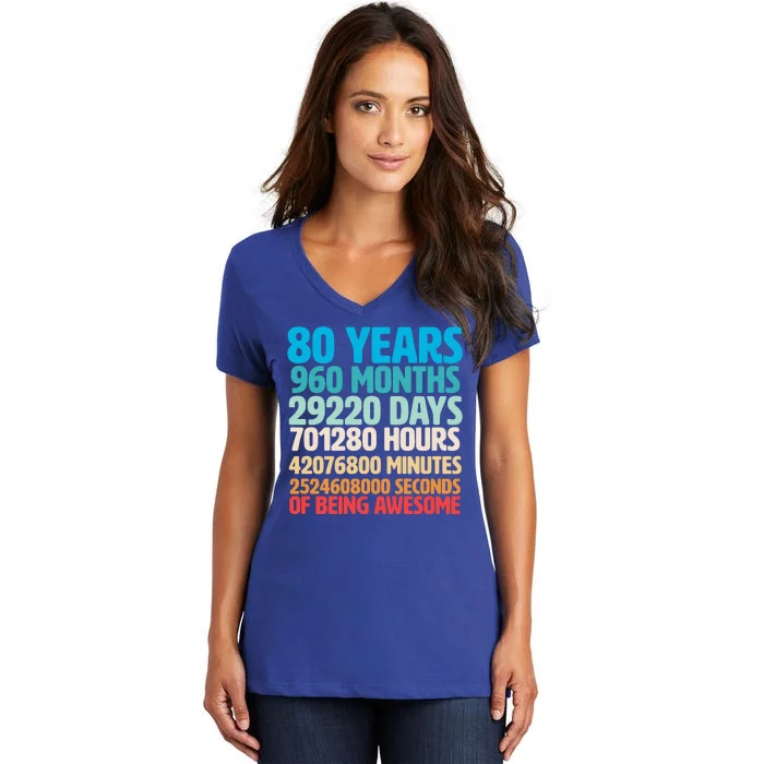 80 Years Of Being Awesome 80th Birthday Time Breakdown Women's V-Neck T-Shirt