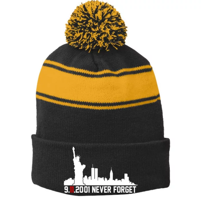 9-11-2001 Never Forget September 11th Stripe Pom Pom Beanie