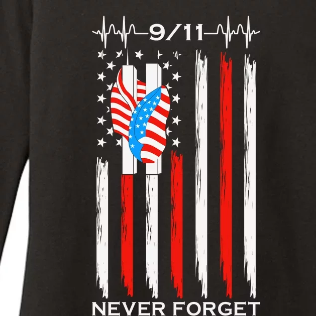 9 11 Never Forget, 9 11 Memorial Twin Tower Heartbeat, USA Flag Graphic Womens CVC Long Sleeve Shirt