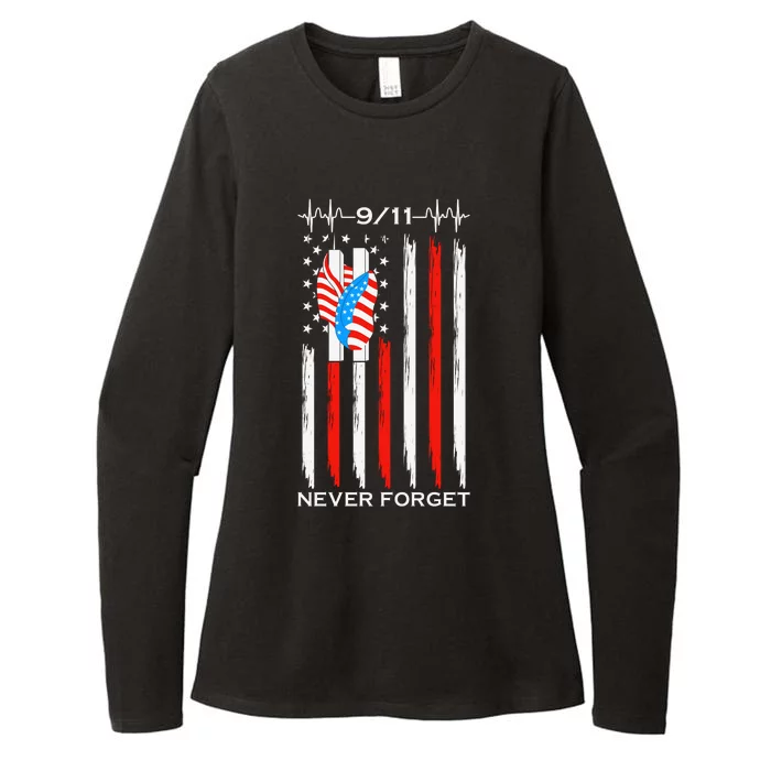 9 11 Never Forget, 9 11 Memorial Twin Tower Heartbeat, USA Flag Graphic Womens CVC Long Sleeve Shirt