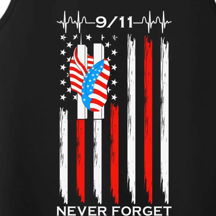 9 11 Never Forget, 9 11 Memorial Twin Tower Heartbeat, USA Flag Graphic Performance Tank