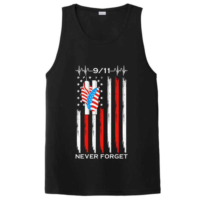 9 11 Never Forget, 9 11 Memorial Twin Tower Heartbeat, USA Flag Graphic Performance Tank