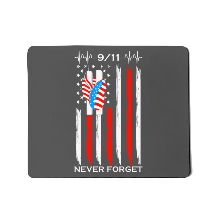 9 11 Never Forget, 9 11 Memorial Twin Tower Heartbeat, USA Flag Graphic Mousepad