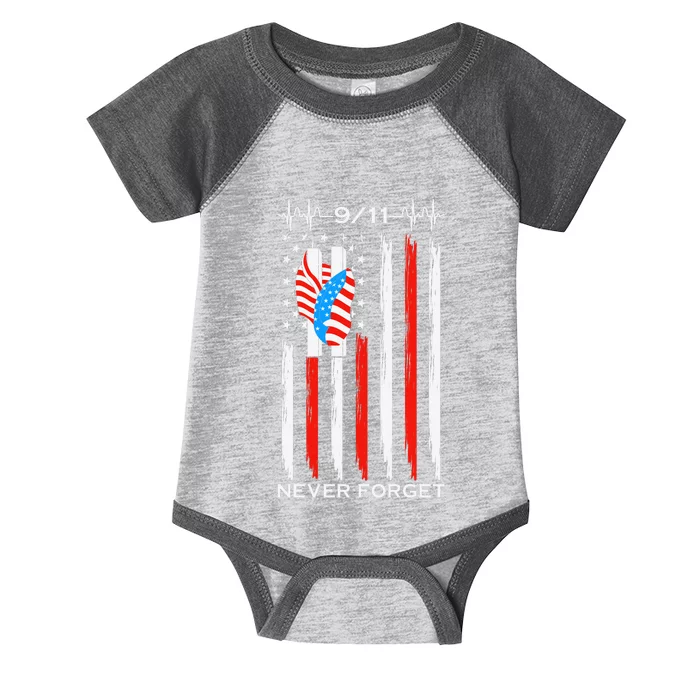 9 11 Never Forget, 9 11 Memorial Twin Tower Heartbeat, USA Flag Graphic Infant Baby Jersey Bodysuit