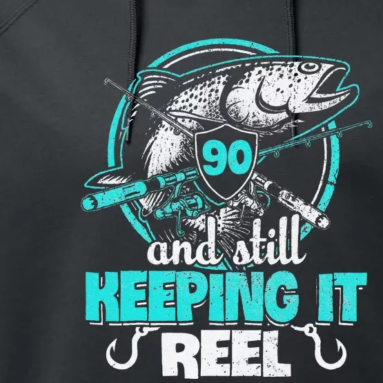 90 And Still Keeping It Reel Funny Fisher Born 1928 Performance Fleece Hoodie