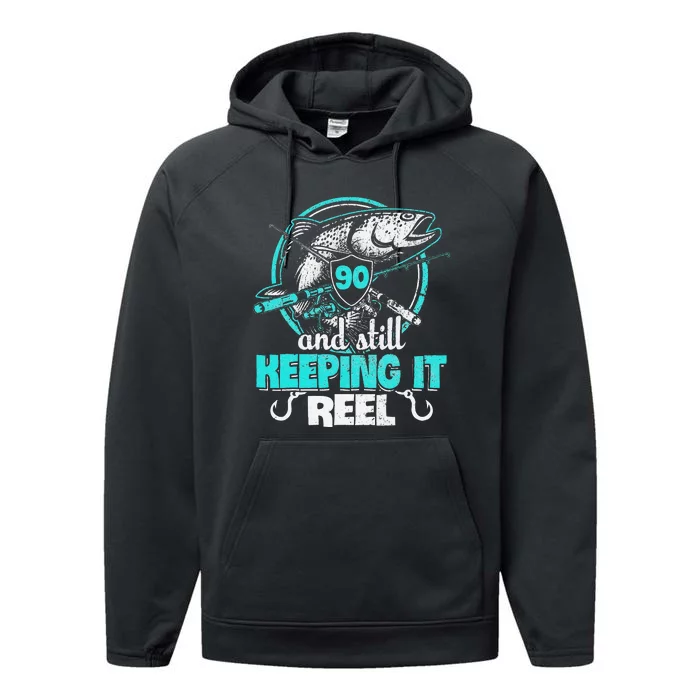 90 And Still Keeping It Reel Funny Fisher Born 1928 Performance Fleece Hoodie