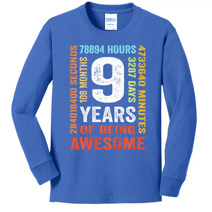 9th Birthday 9 Years Old Vintage Retro 108 Months Kids Long Sleeve Shirt