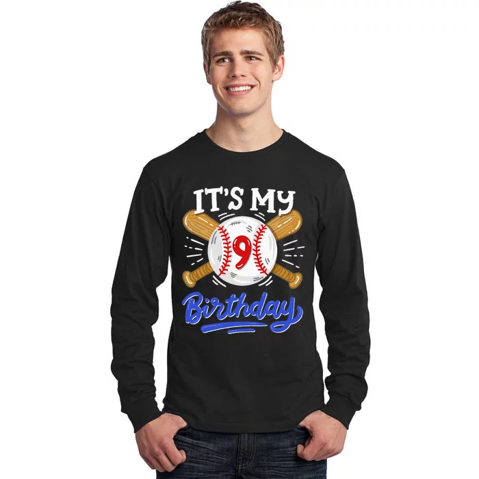 9th Baseball Birthday Party Sport Fan 9 Years Old Tall Long Sleeve T-Shirt