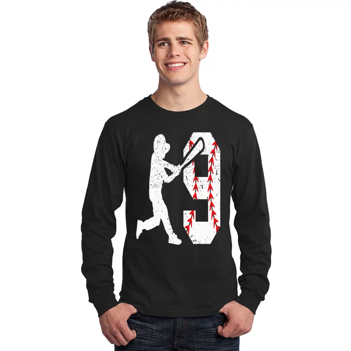 9th Birthday Baseball Big Number Nine 9 Year Old Long Sleeve Shirt