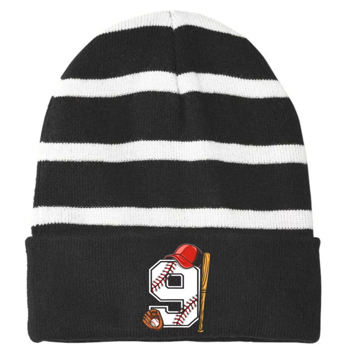 9th Birthday Baseball Big Number Nine 9 Year Old Boy Gir Striped Beanie with Solid Band