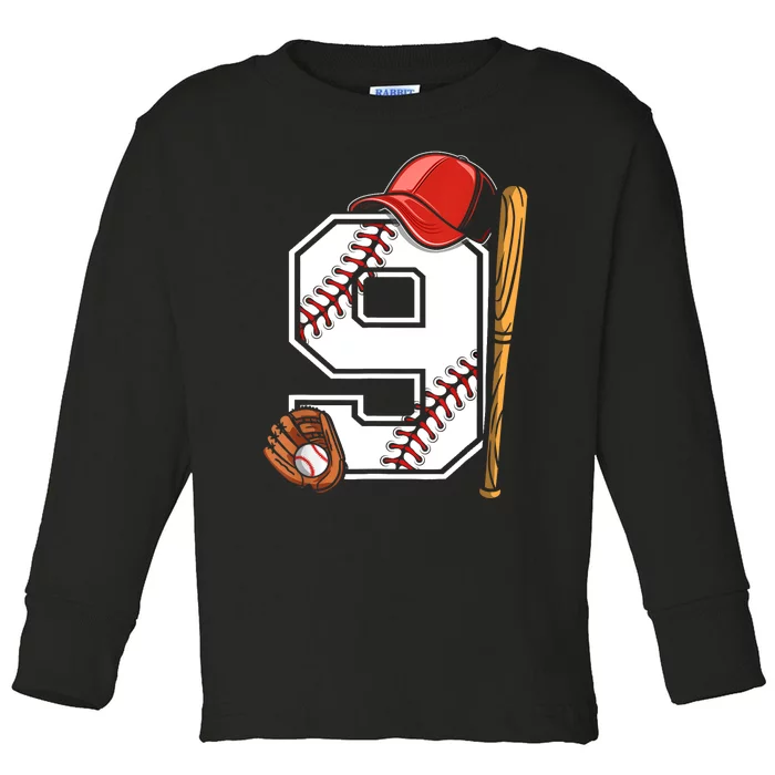 9th Birthday Baseball Big Number Nine 9 Year Old Boy Gir Toddler Long Sleeve Shirt