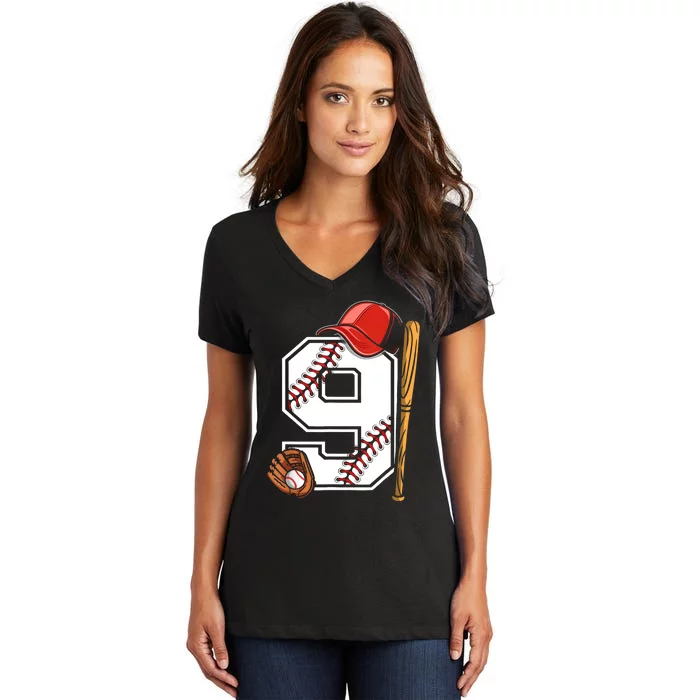 9th Birthday Baseball Big Number Nine 9 Year Old Boy Gir Women's V-Neck T-Shirt