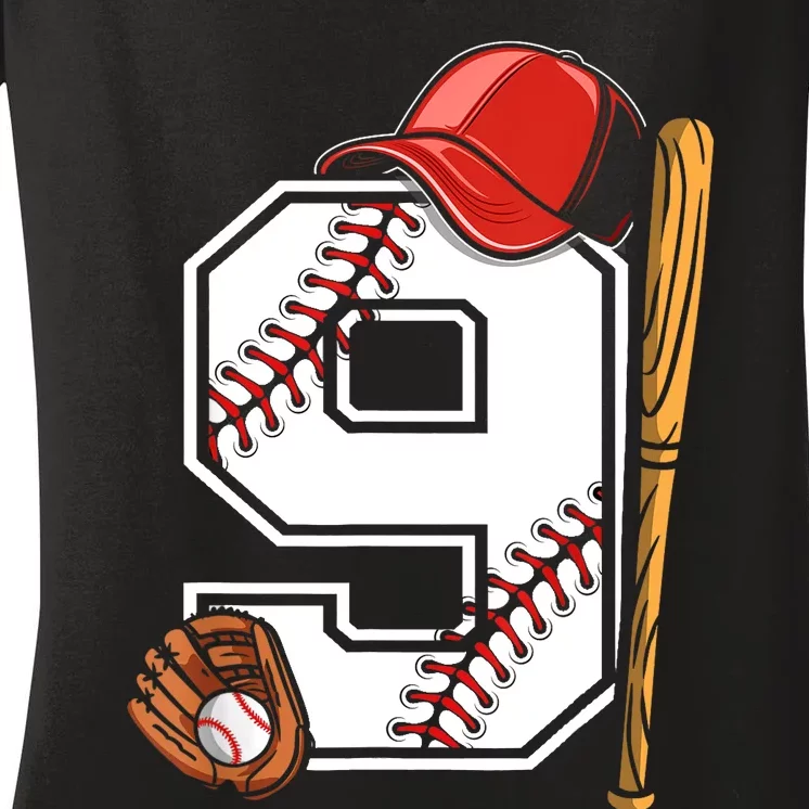 9th Birthday Baseball Big Number Nine 9 Year Old Boy Gir Women's V-Neck T-Shirt