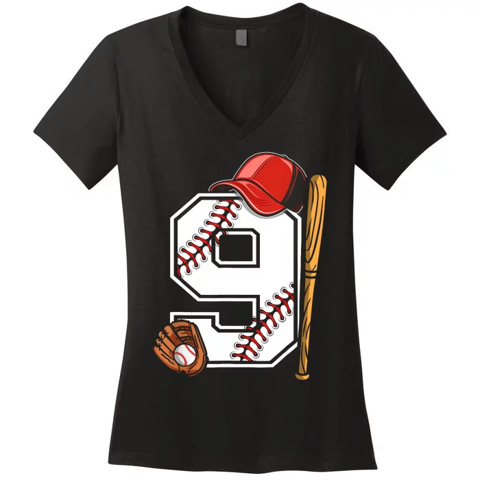 9th Birthday Baseball Big Number Nine 9 Year Old Boy Gir Women's V-Neck T-Shirt