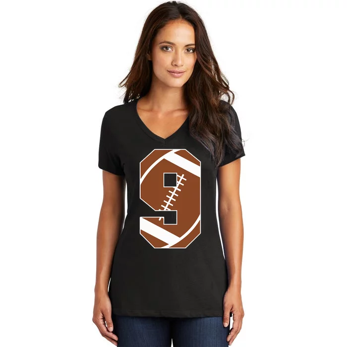 9th Birthday Football Birthday Party 9 Years Old Women's V-Neck T-Shirt