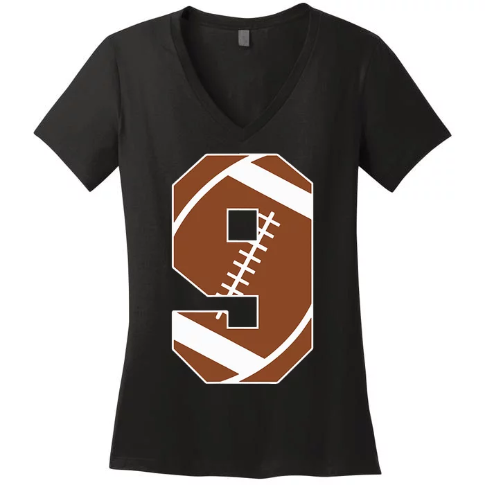 9th Birthday Football Birthday Party 9 Years Old Women's V-Neck T-Shirt